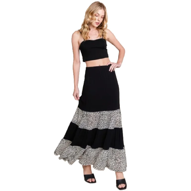 Long Tiered Contrast Fashion Skirt With Velvet Animal Print Mesh